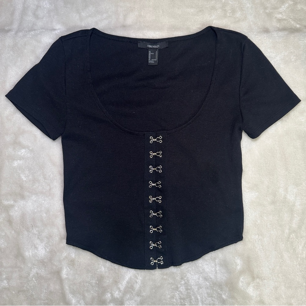 Forever21 Black Ribbed Corset Cropped Tshirt Top Size Small